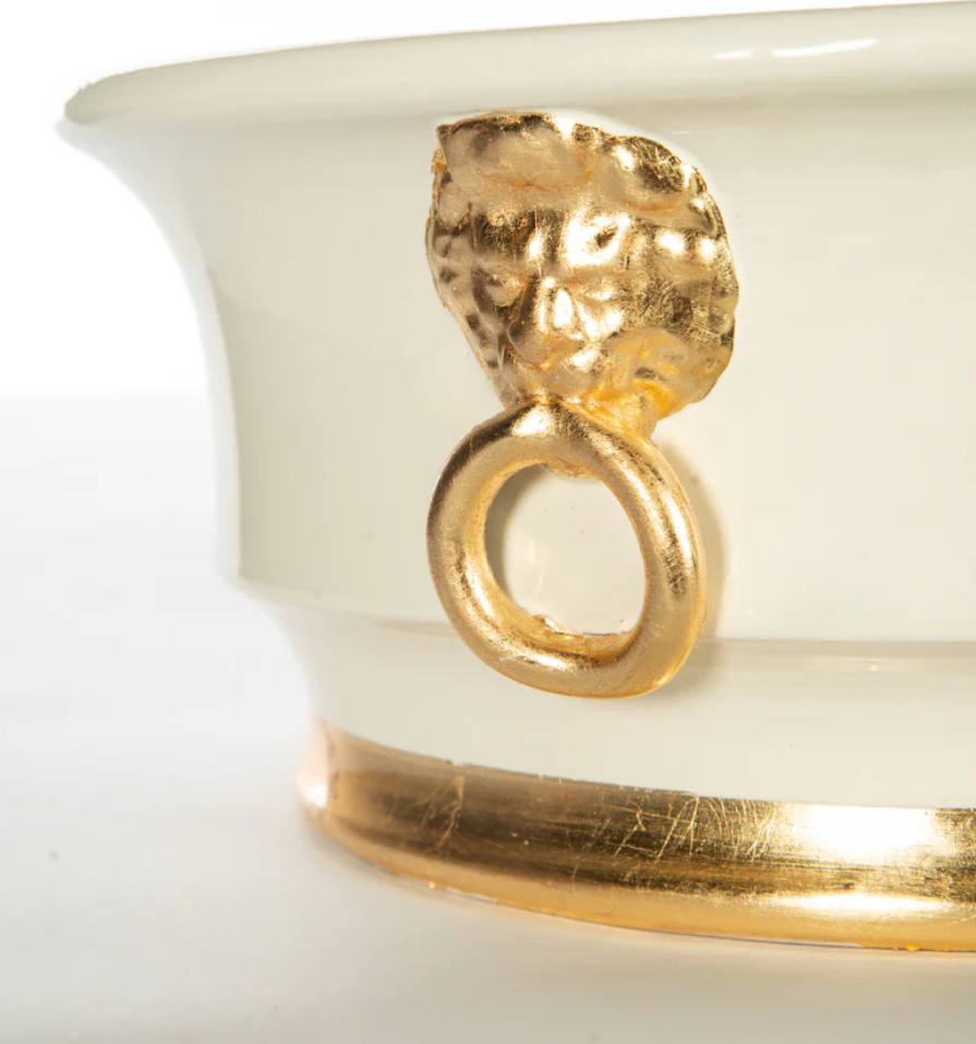 White Ceramic Bowl with Gold Lion Ring Handles