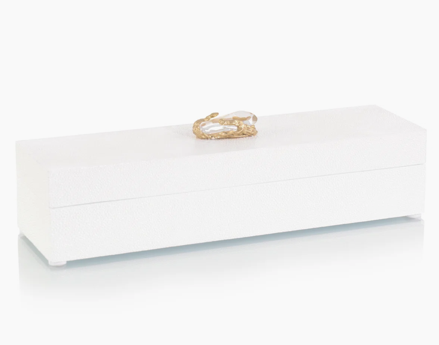 White Shagreen Decorative Box with Crystal and Brass Accent