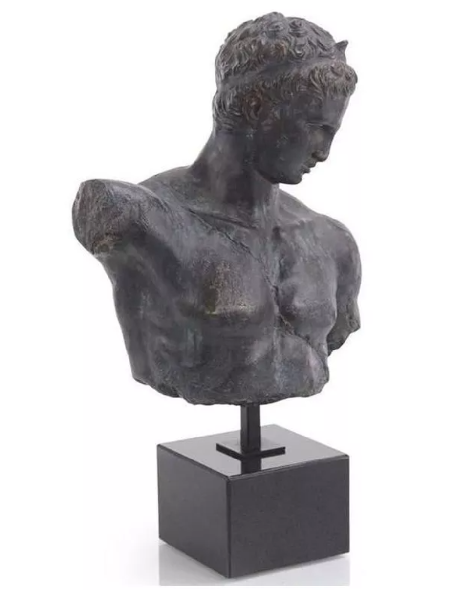 Black Greek Bust Fragment on Marble Base