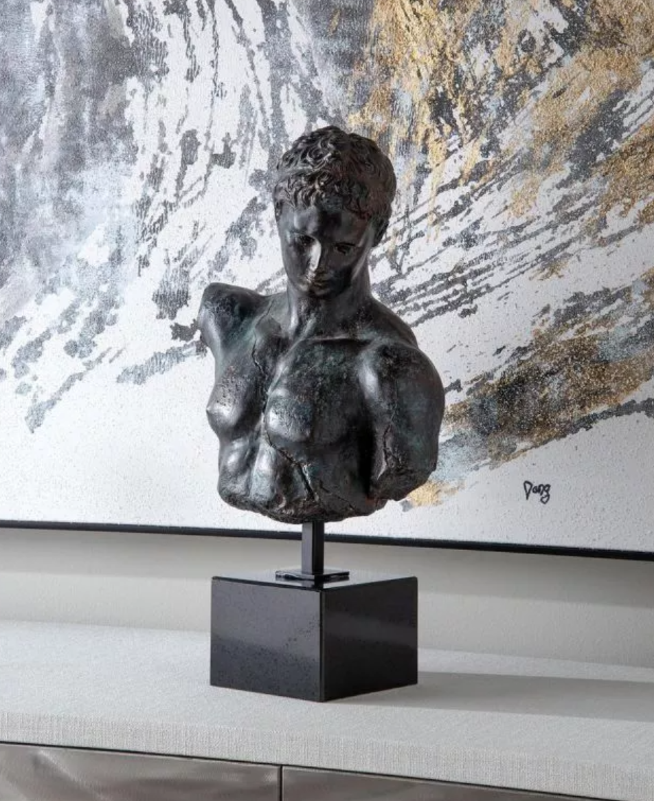 Black Greek Bust Fragment on Marble Base