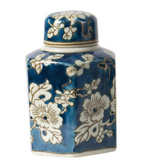 Petite Hexagonal Blue and White Lidded Ceramic Ginger Jar