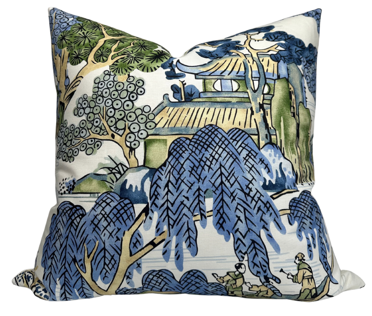 Asian Scenic Pillow Cover in Blue and Green (Various Sizes & Colors)