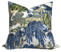 Asian Scenic Pillow Cover in Blue and Green (Various Sizes & Colors)