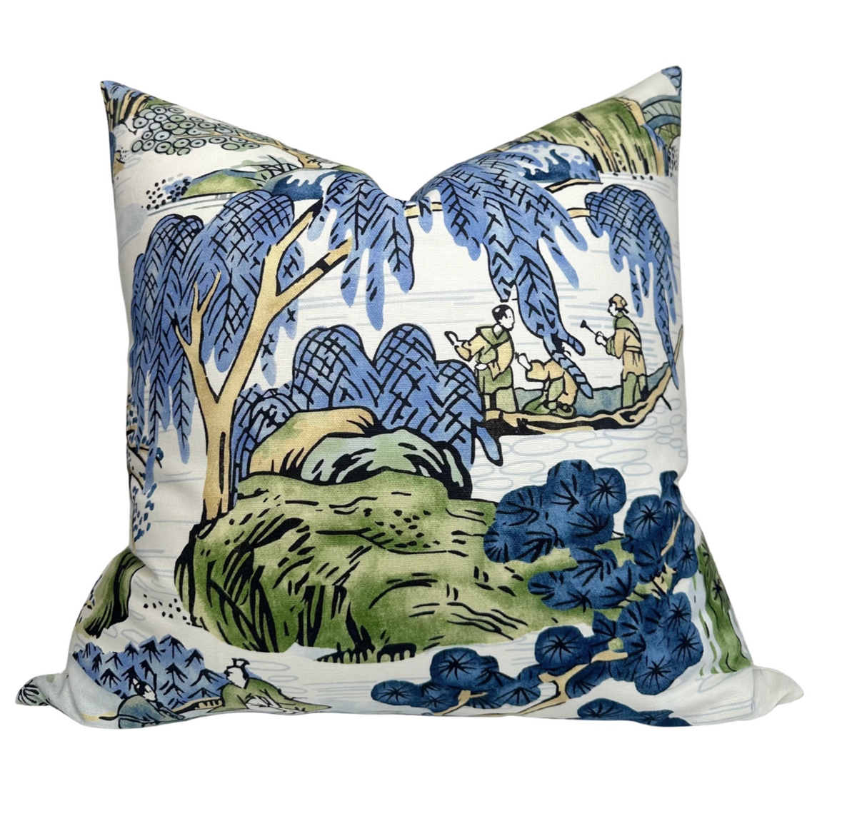 Asian Scenic Pillow Cover in Blue and Green (Various Sizes & Colors)