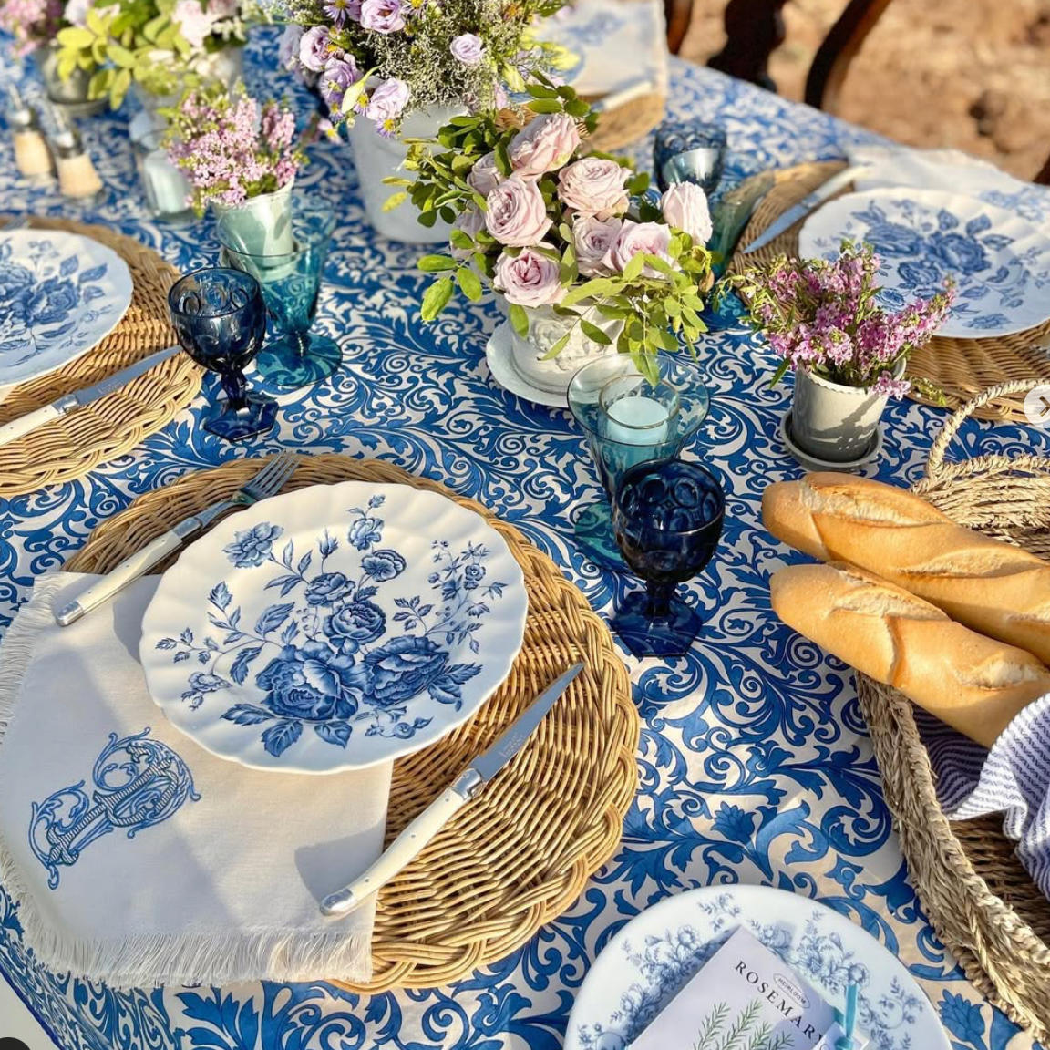Damask Print Tablecloth – Blue