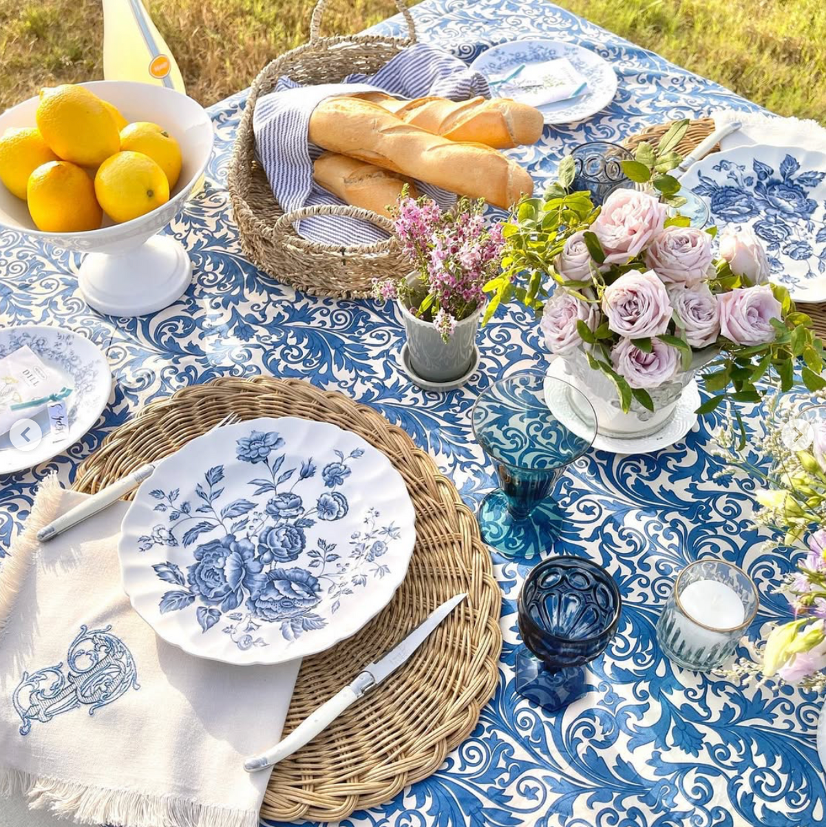 Damask Print Tablecloth – Blue