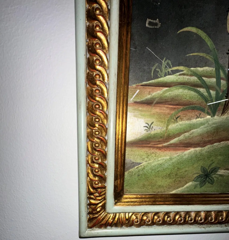 Hand Painted Chinoiserie Framed Mirrored Art Panel