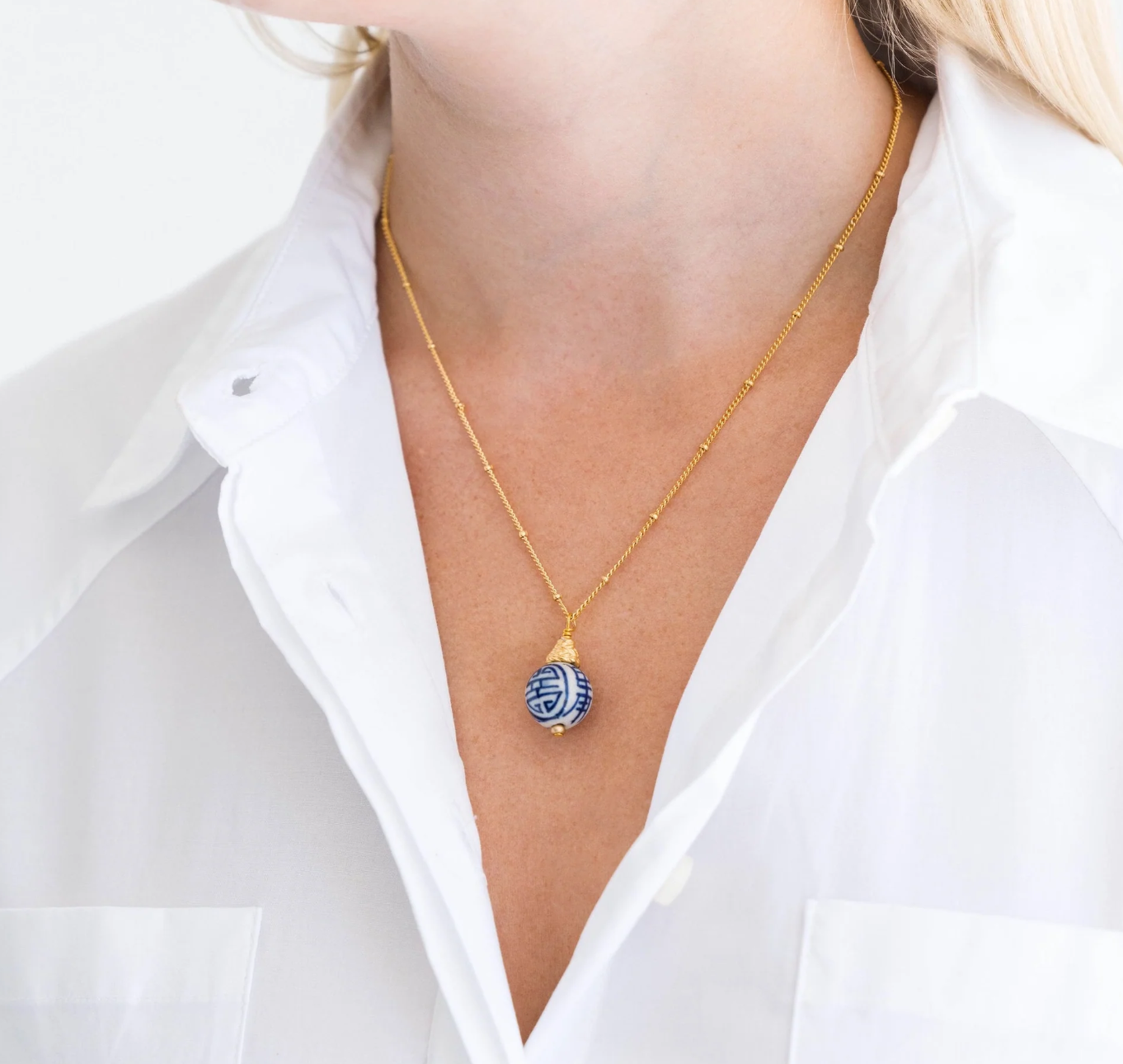 Blue & White Porcelain Bead on Dotted Gold Chain Necklace