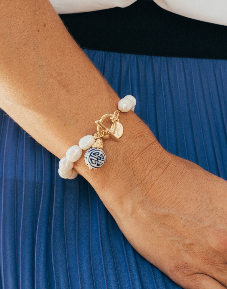 Blue & White Porcelain Ball Pearl Toggle Bracelet