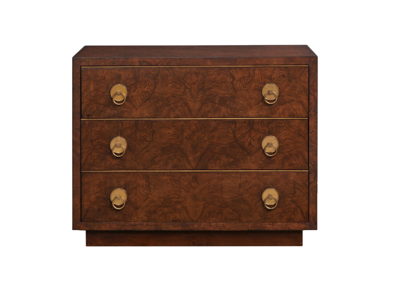 Italian Olive Ash Burl Chest with Mahogany Finish, Gold Accents & Solid Brass Handles