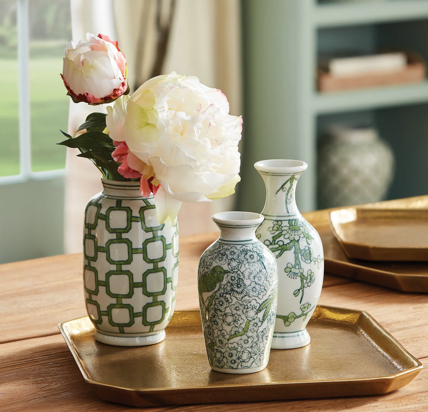 Green and White Chinoiserie Bud Vase with Branch and Floral Moti