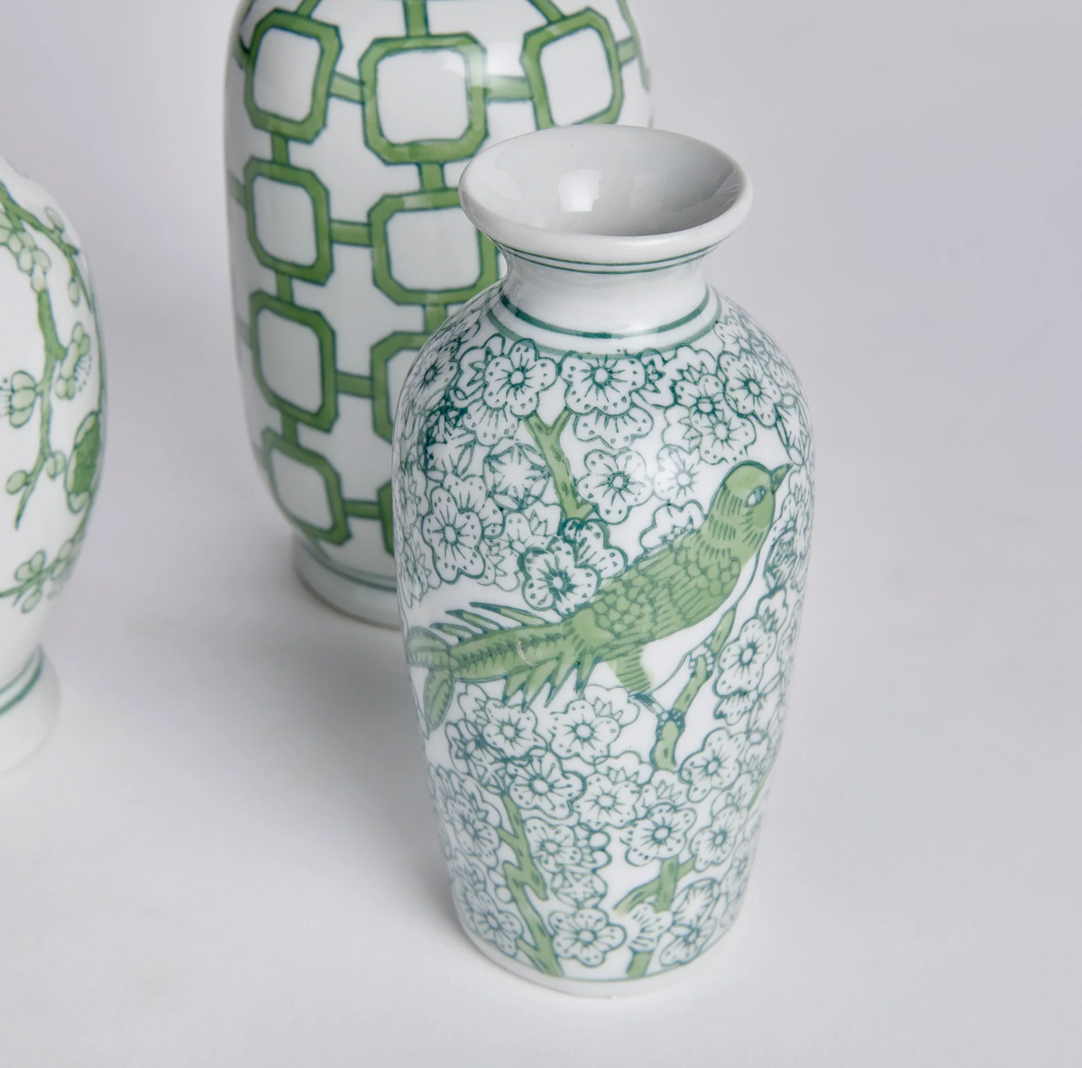 Green and White Chinoiserie Bud Vase with Floral and Bird Motif