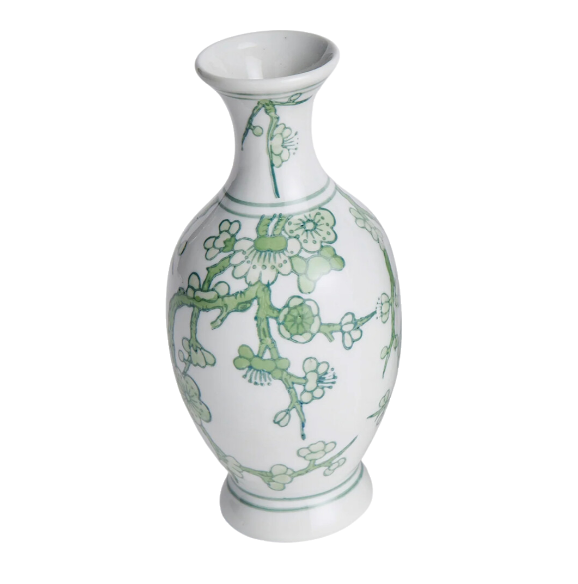 Green and White Chinoiserie Bud Vase with Branch and Floral Moti