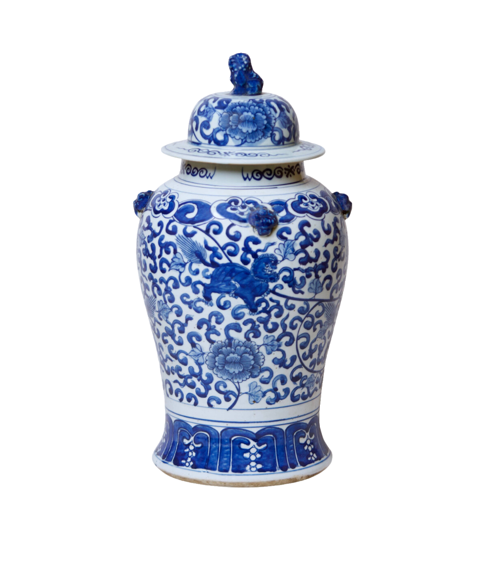 Lions Blue & White Porcelain Temple Jar