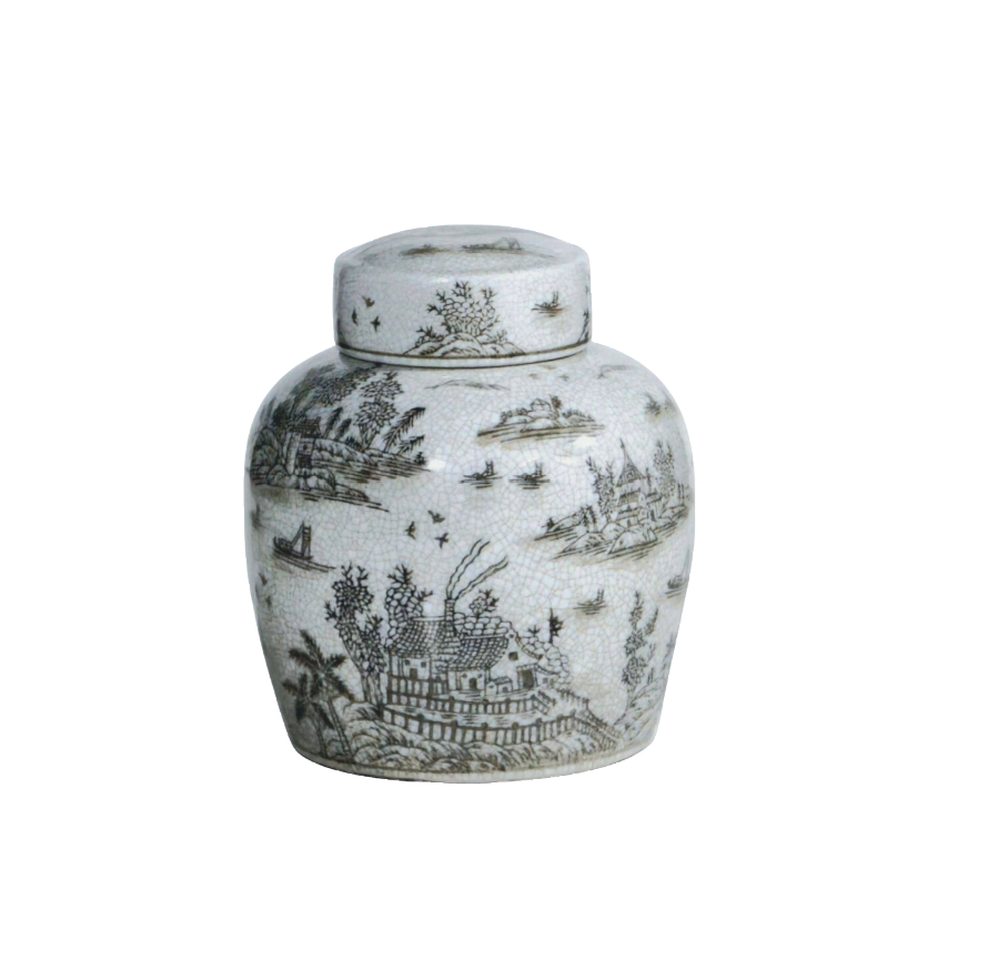Chinoiserie Village Scene Ginger Jar