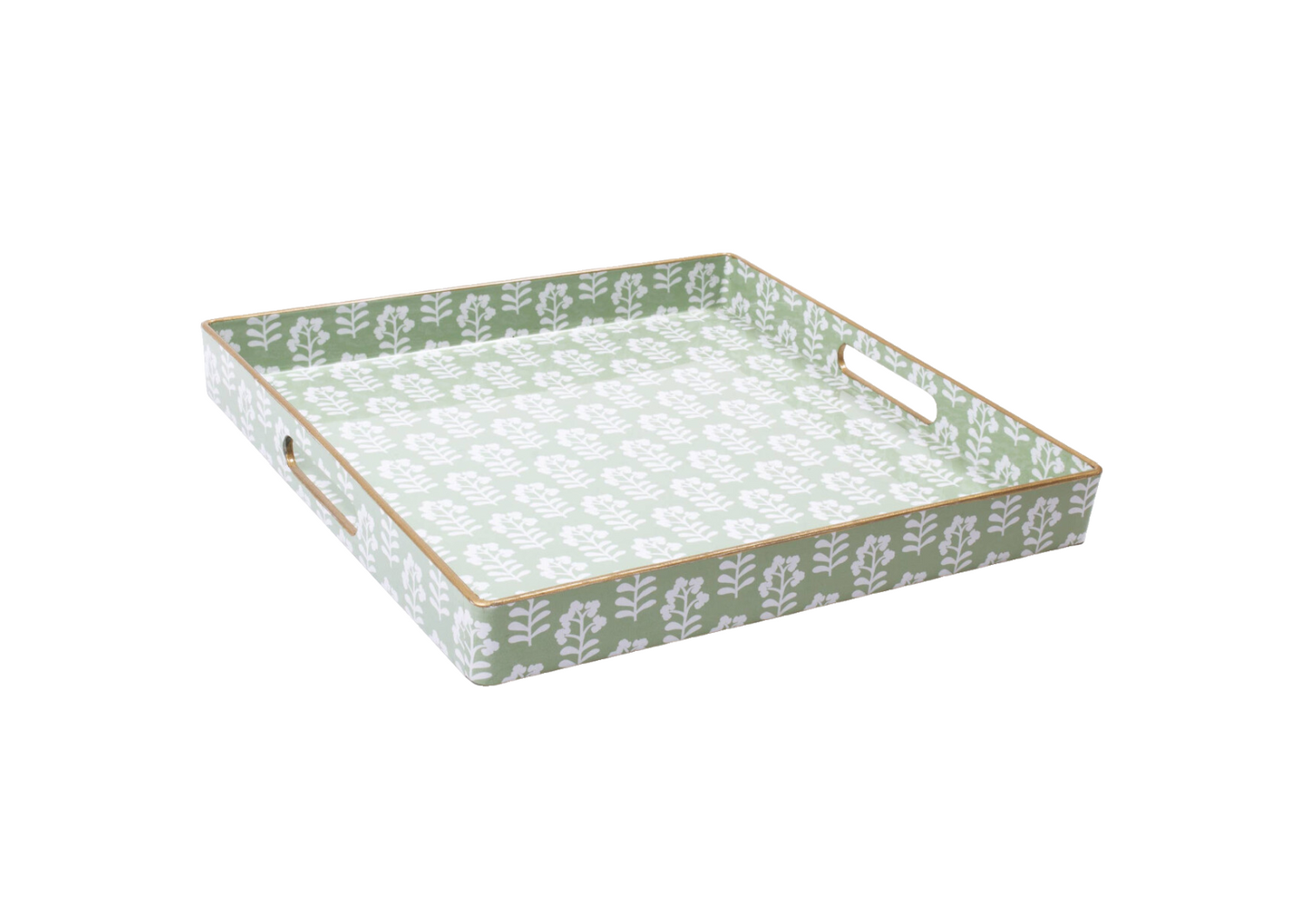 Sage Floral Square Tray with Gold Etched Accents