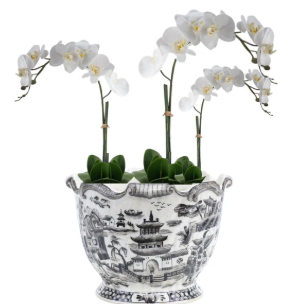 Hand-Painted Black & White Pagoda Scallop Cachepot