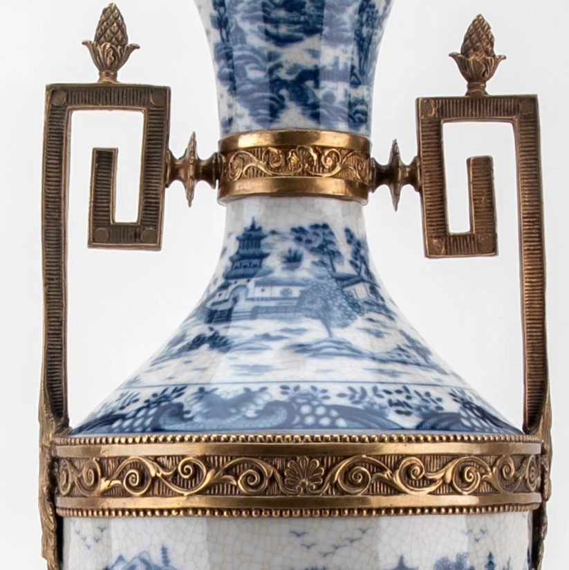 Tall Blue & White Porcelain Trophy Jar with Lid and Bronze Ormolu – Blue Willow Pattern