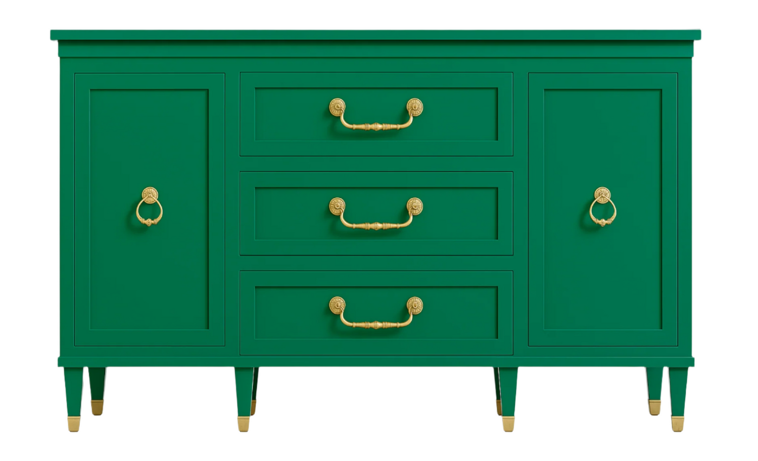 NH River Oaks Collection Breakfront Cabinet in Green Lacquered Maple with Brass Accents