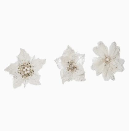 White Glitter Poinsettia Accent Florals — Set of 3