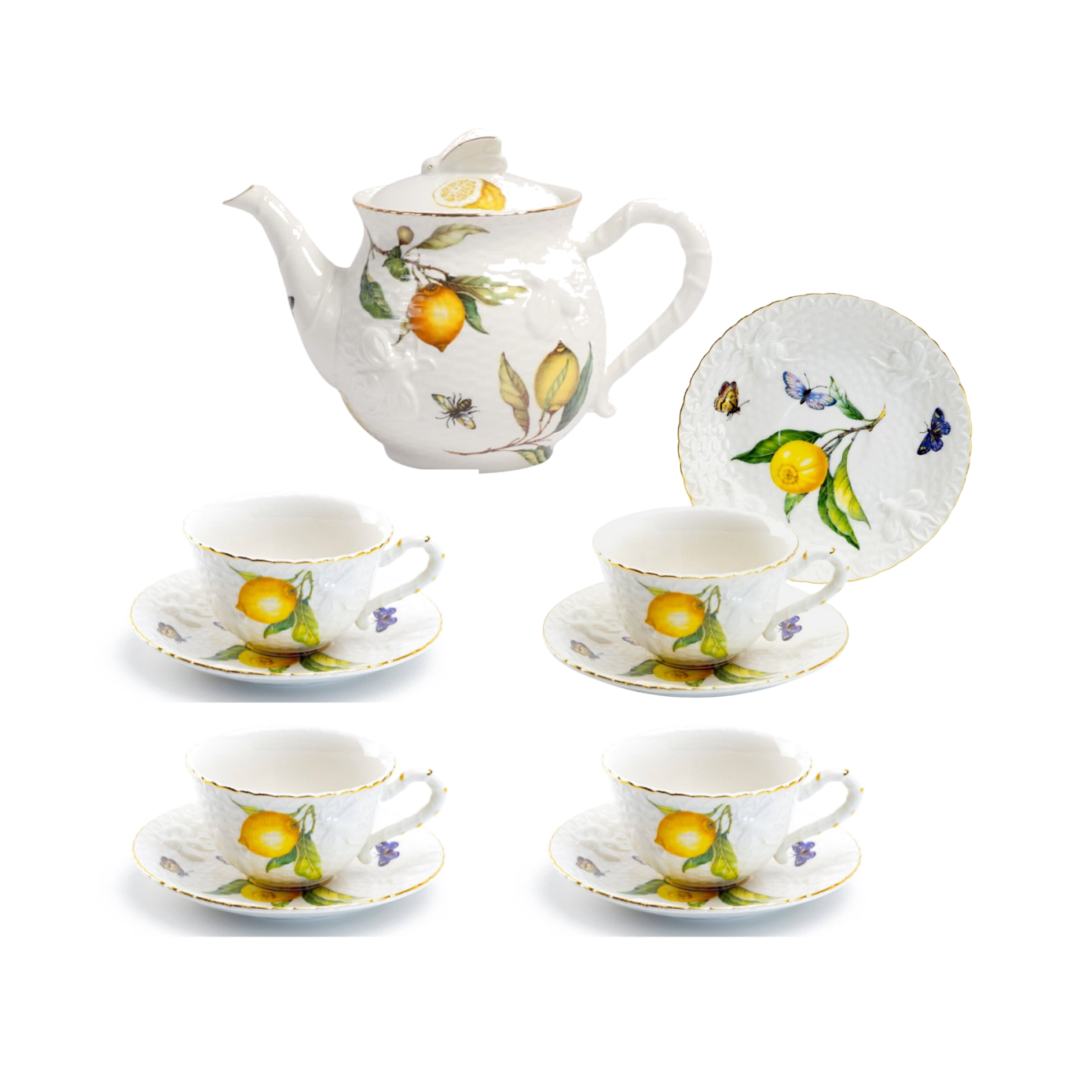 Lemon Bee Fine Porcelain Tea Set – Teapot with 4 Cups & Saucers