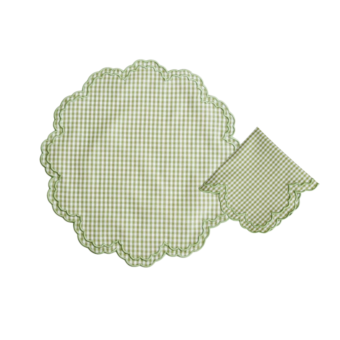 Magnolia Gingham Green Scalloped Fabric Placemat Napkin Set