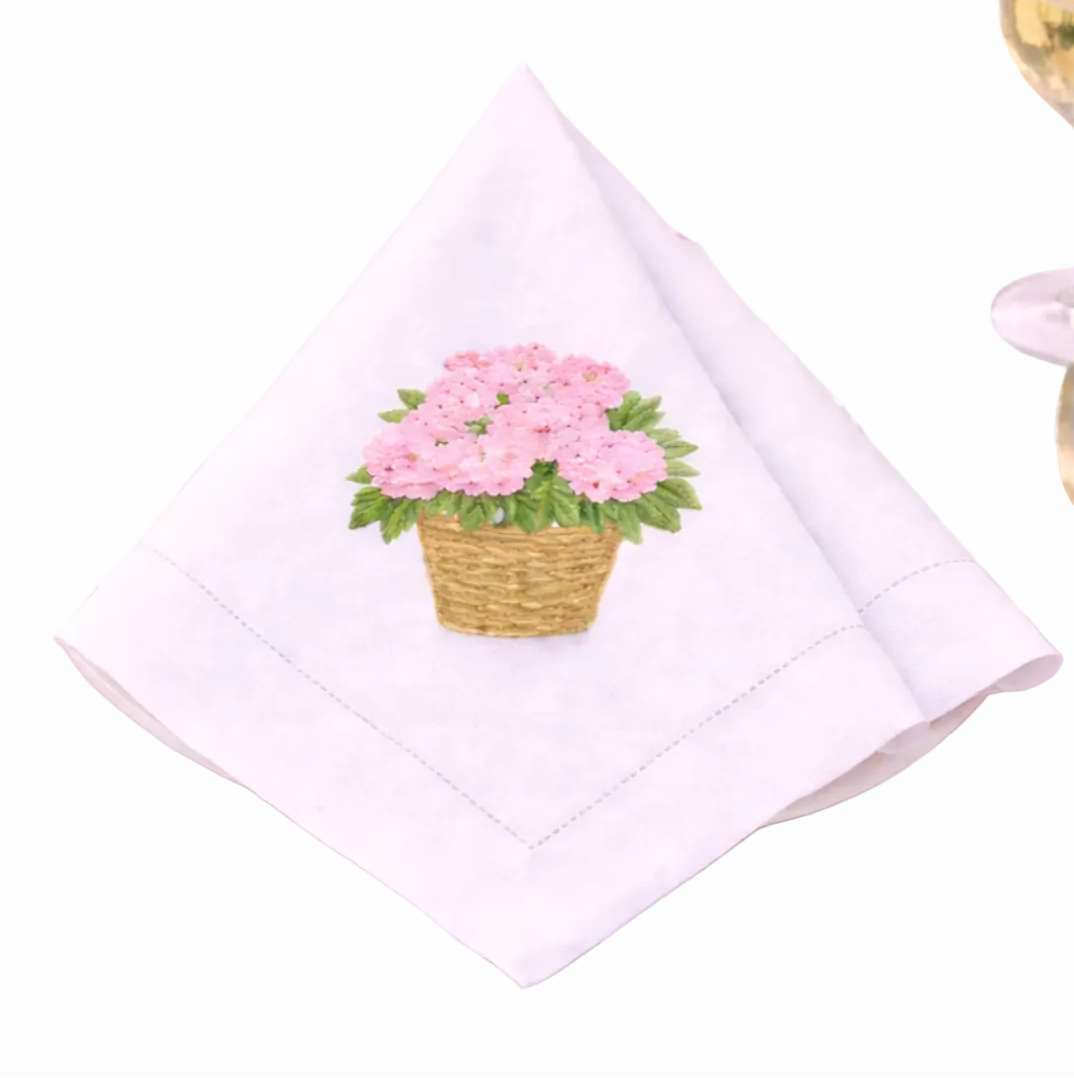 Set of 4 Pink Hydrangea Embroidered Dinner Napkins