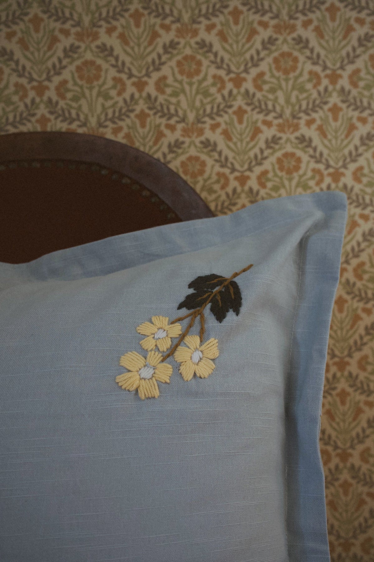 Estella Pillow – Blue Embroidered Floral Pillow Cover (20x20)