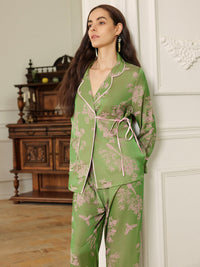 Elegant Pink Green Oriental Pajama Set with Asymmetrical Collar
