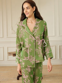 Elegant Pink Green Oriental Pajama Set with Asymmetrical Collar
