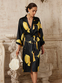 Yellow Ginkgo Leaf Print Black Kimono Robe