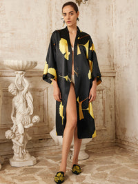 Yellow Ginkgo Leaf Print Black Kimono Robe
