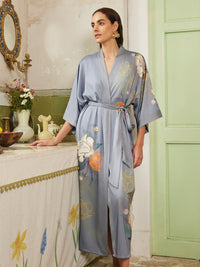 Gray Floral Gold-Print Long Kimono Robe