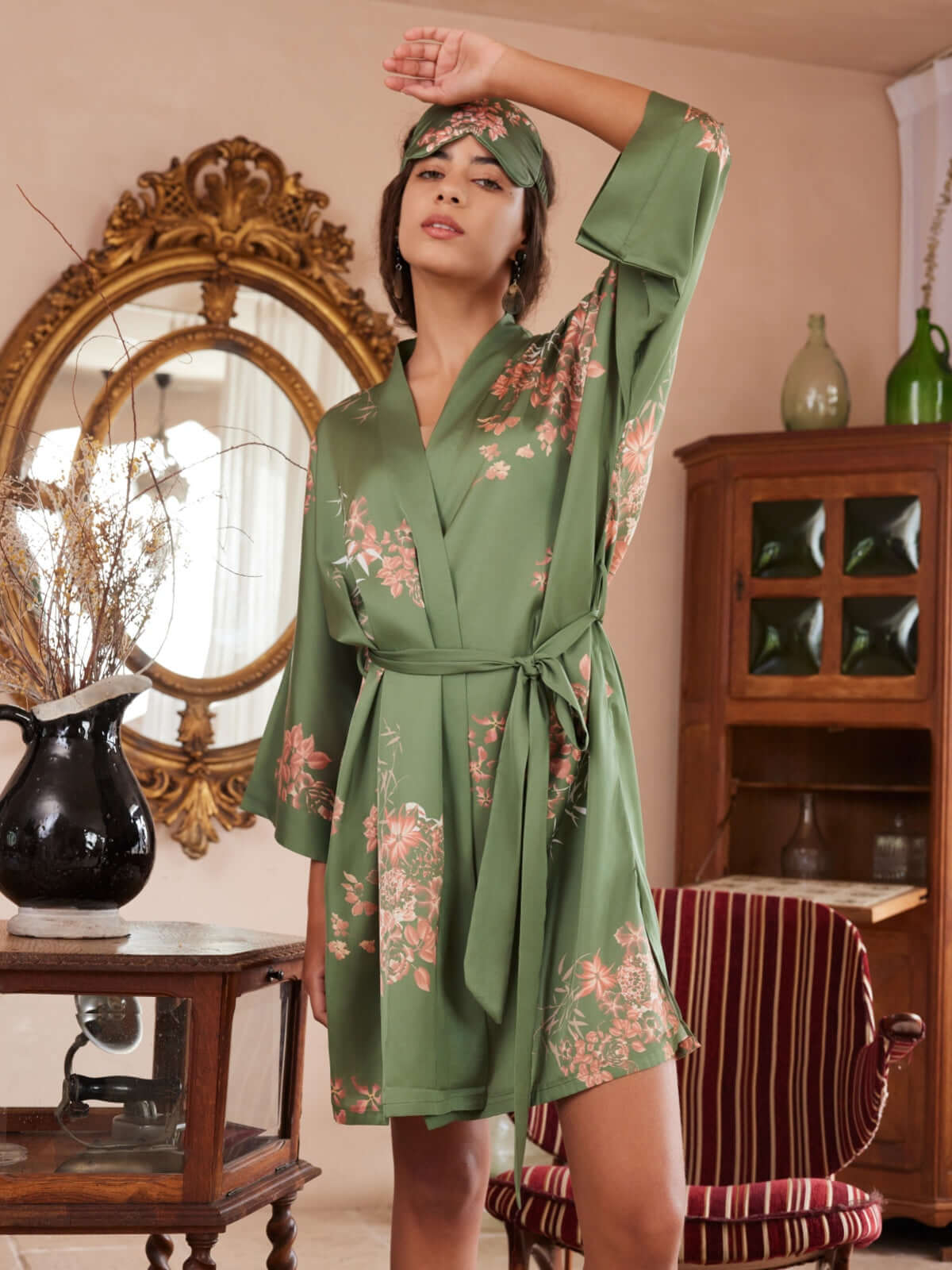 Green Charmeuse Floral Asian Inspired Sleep Mask (Various Colors)