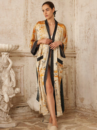 Elegant Yellow Crane & Lotus Kimono Robe with Pockets