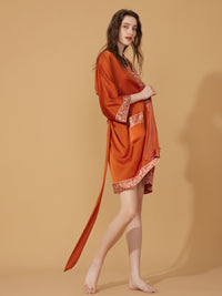 Luxuriously Orange Embellished Flower Short Robe with Pockets