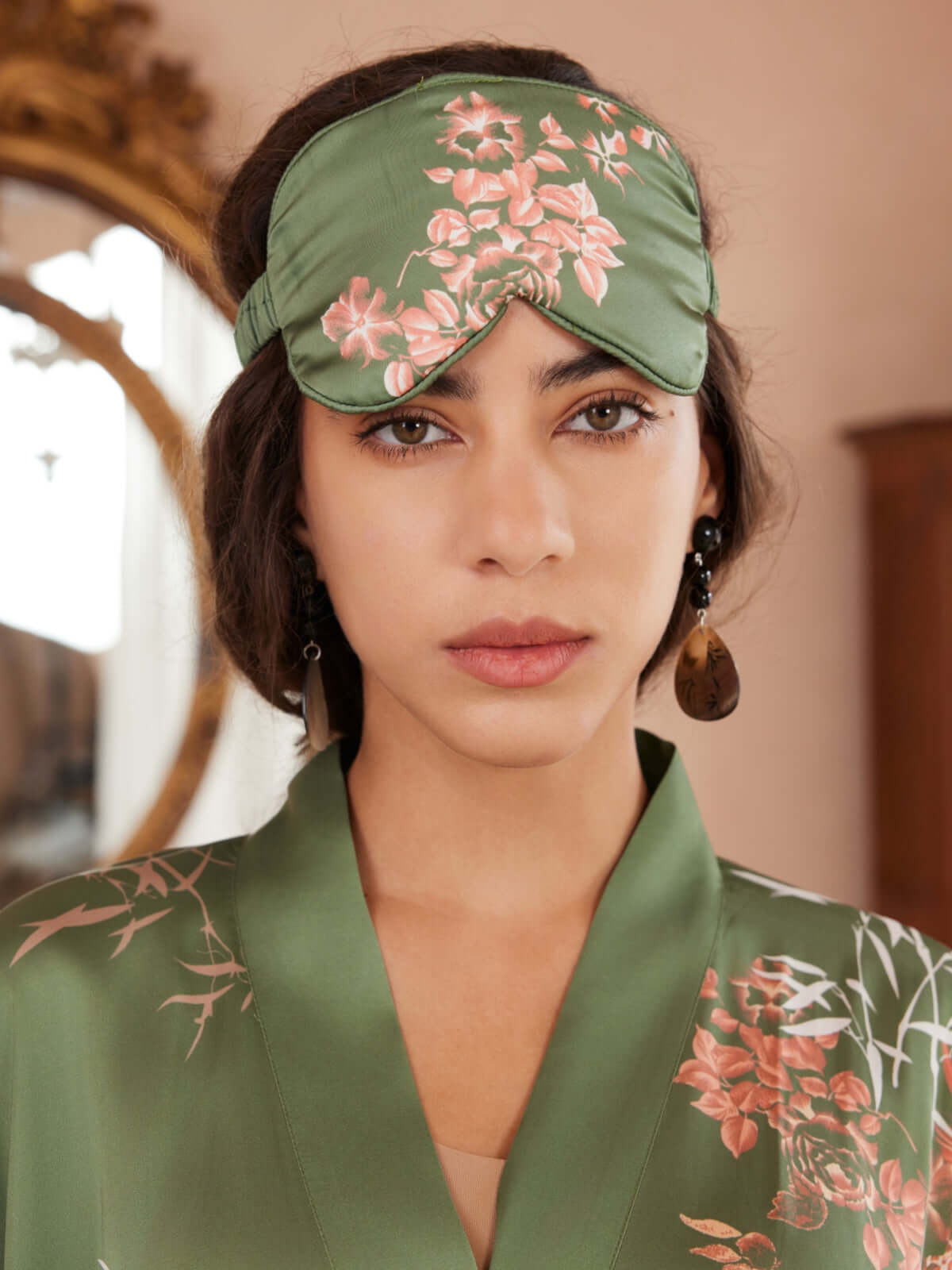 Green Charmeuse Floral Asian Inspired Sleep Mask (Various Colors)