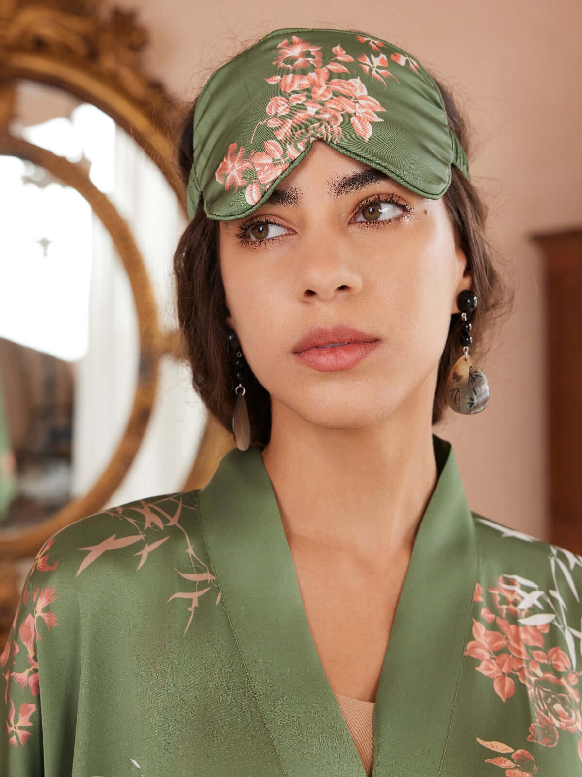 Green Charmeuse Floral Asian Inspired Sleep Mask (Various Colors)