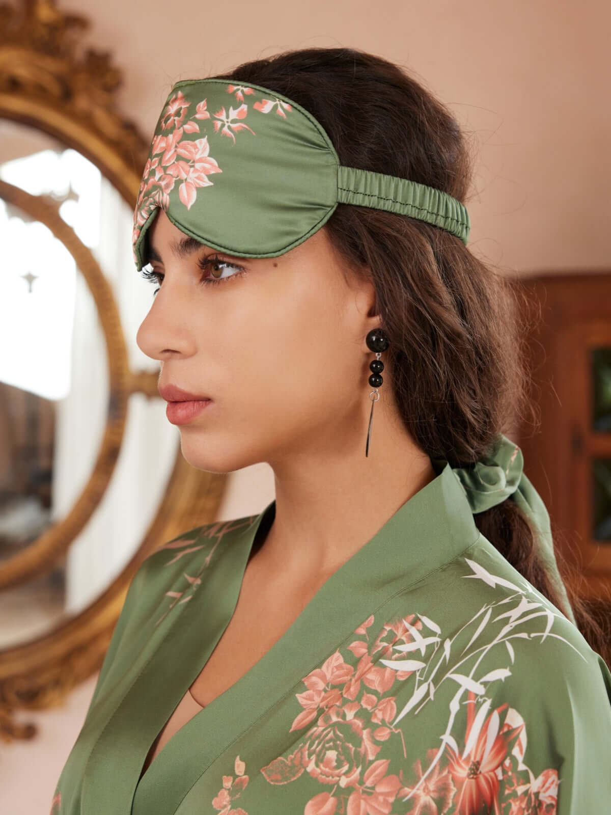 Green Charmeuse Floral Asian Inspired Sleep Mask (Various Colors)