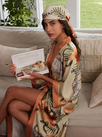 Orange Leopard Charmeuse Floral Square Scarf