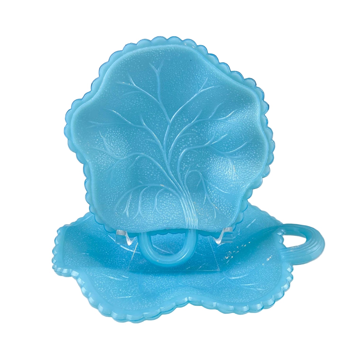Vintage Blue Milk Glass Leaf Plates – Set of 2 Nesting Turquoise Dishes