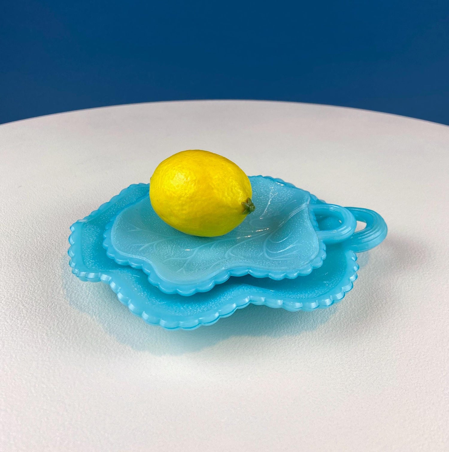 Vintage Blue Milk Glass Leaf Plates – Set of 2 Nesting Turquoise Dishes