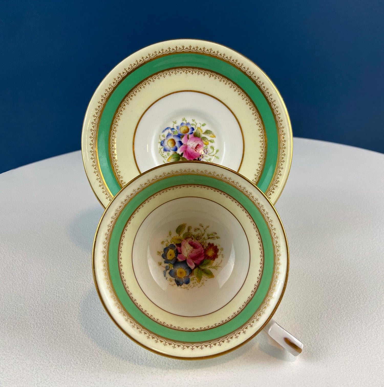 Vintage Royal Worcester Green & Yellow Cup & Saucer – Floral Motif