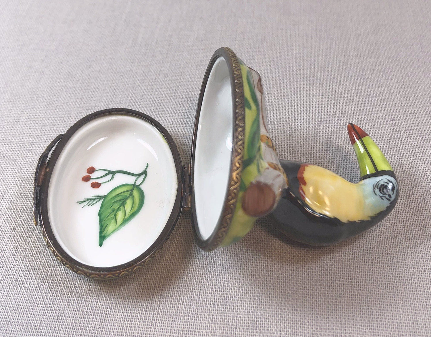 Limoges France Porcelain Box Bird On Lid Collectible Brass Trim
