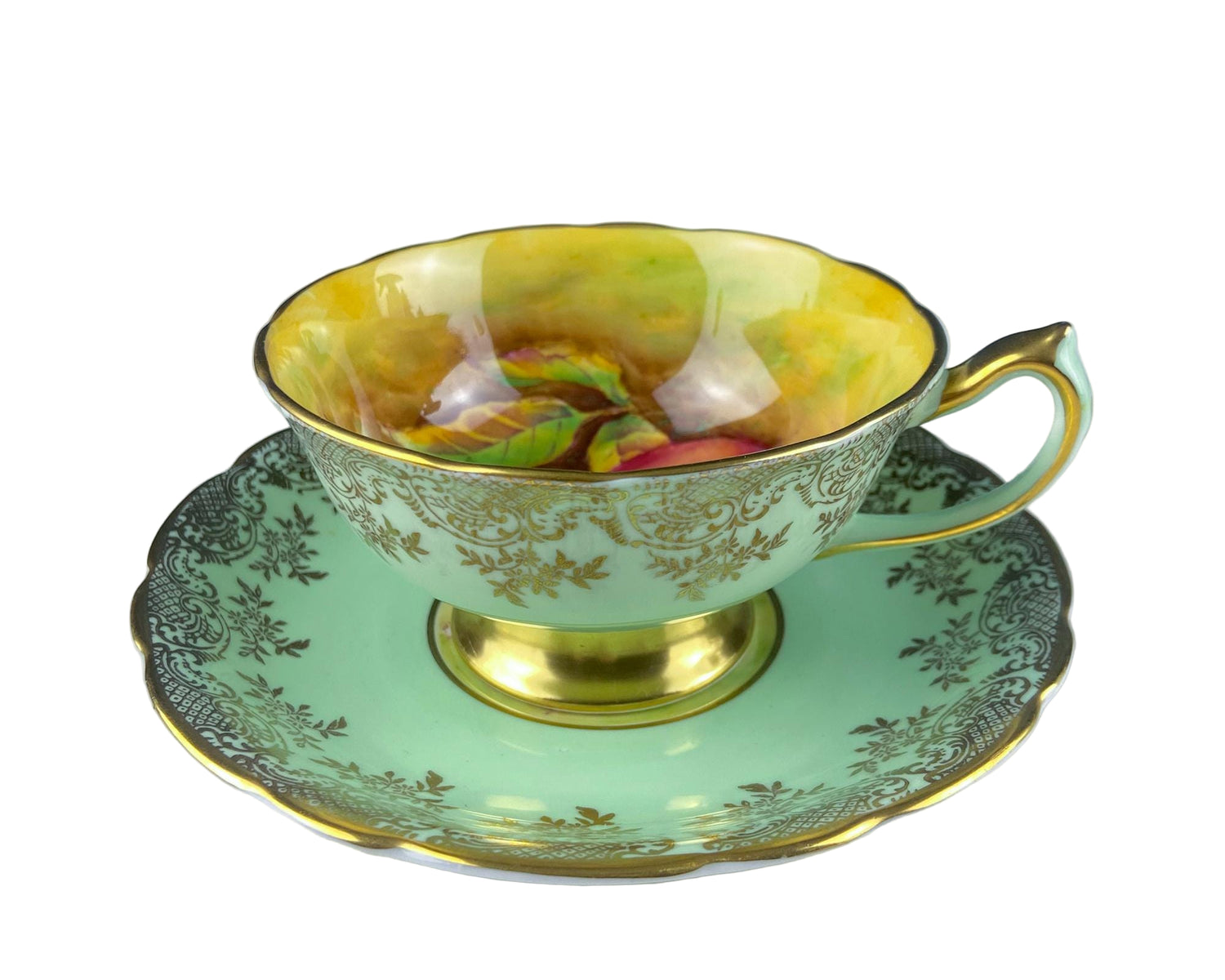 Vintage Paragon Mint Green & Gold Tea Cup & Saucer – Fruit Motif