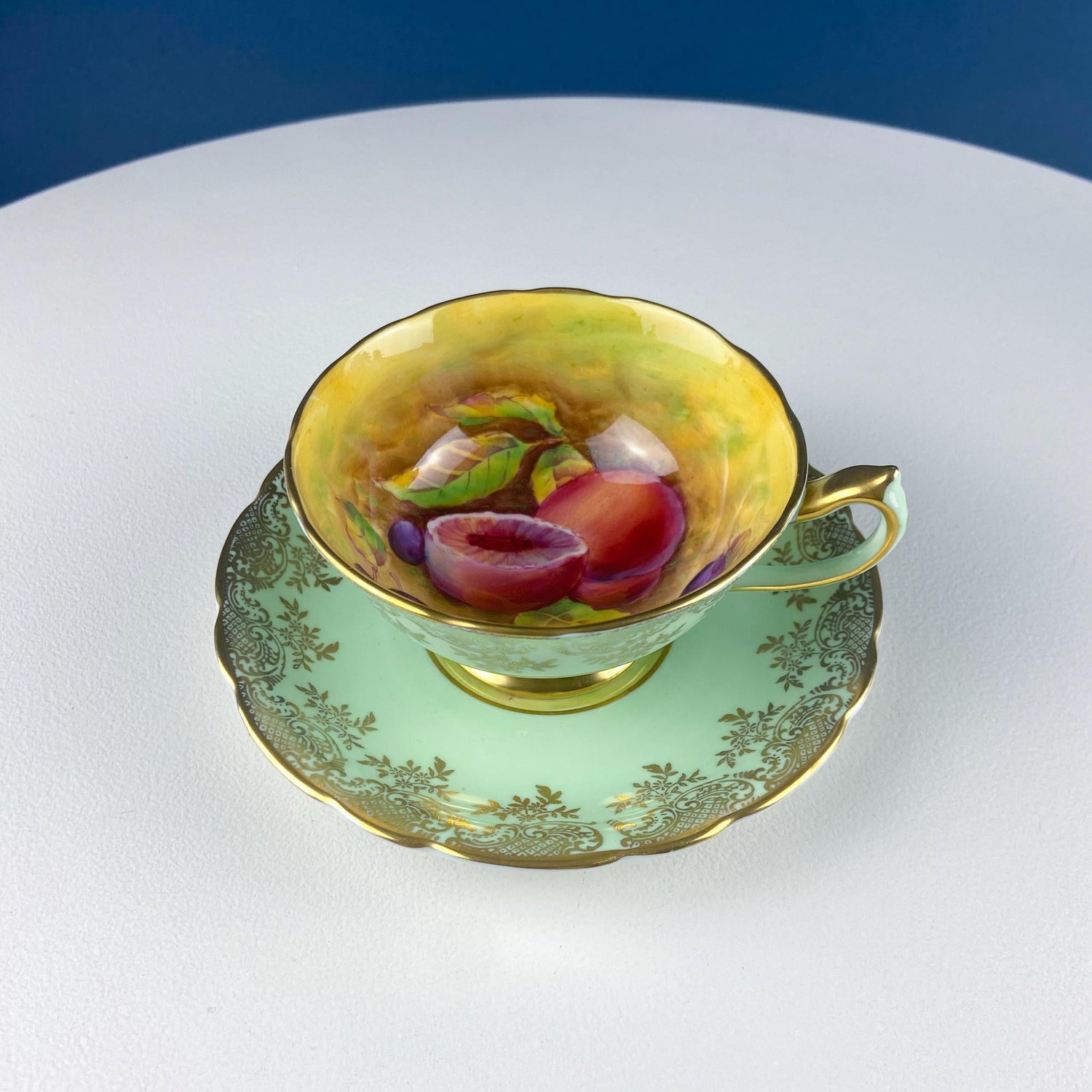 Vintage Paragon Mint Green & Gold Tea Cup & Saucer – Fruit Motif