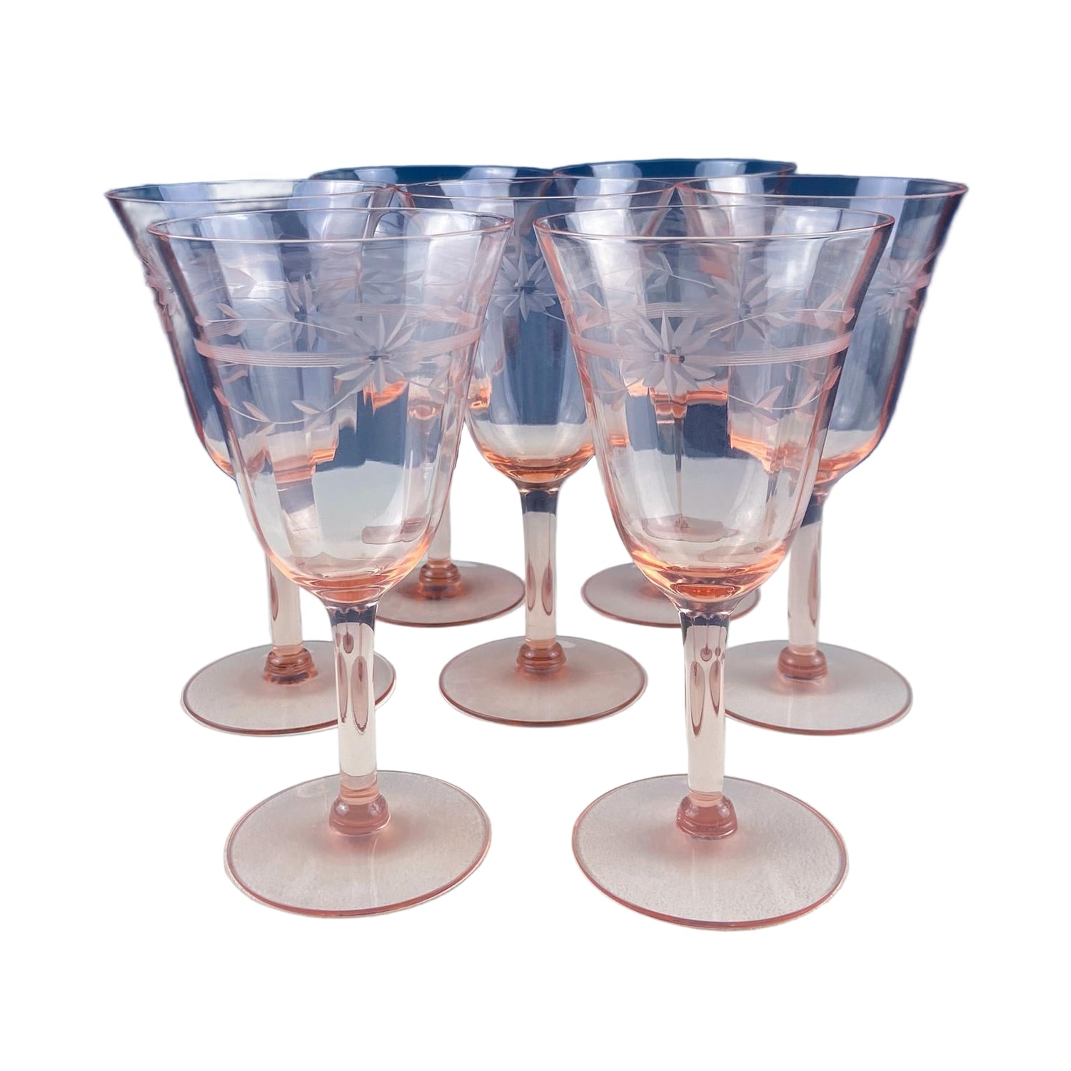 Vintage Pink Depression Glass Wine Glasses – Set of 7 Etched Daisies