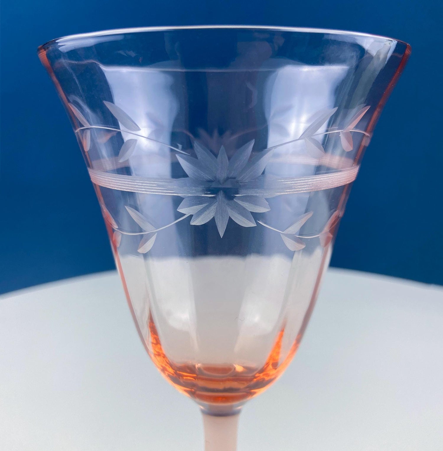Vintage Pink Depression Glass Wine Glasses – Set of 7 Etched Daisies