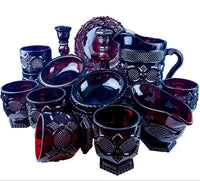 Vintage Avon Cape Cod Ruby Red Glass Dessert Set – 25 Piece Roman Rosette Pattern