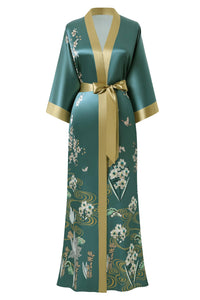 Teal Satin Kimono with Golden Botanical Embroidery